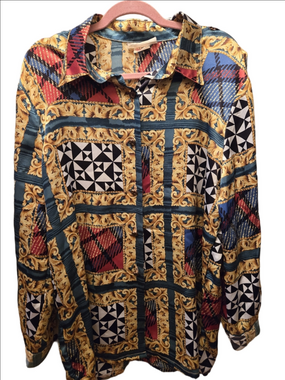 Vintage Baroque Print Blouse Mixed Pattern Gold Chain Plaid Shirt M L